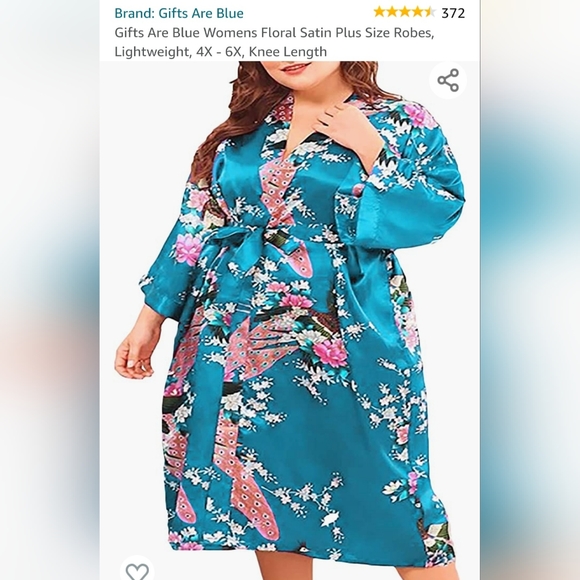 Blue Womens Floral Satin Plus Size Robe - Picture 2 of 6
